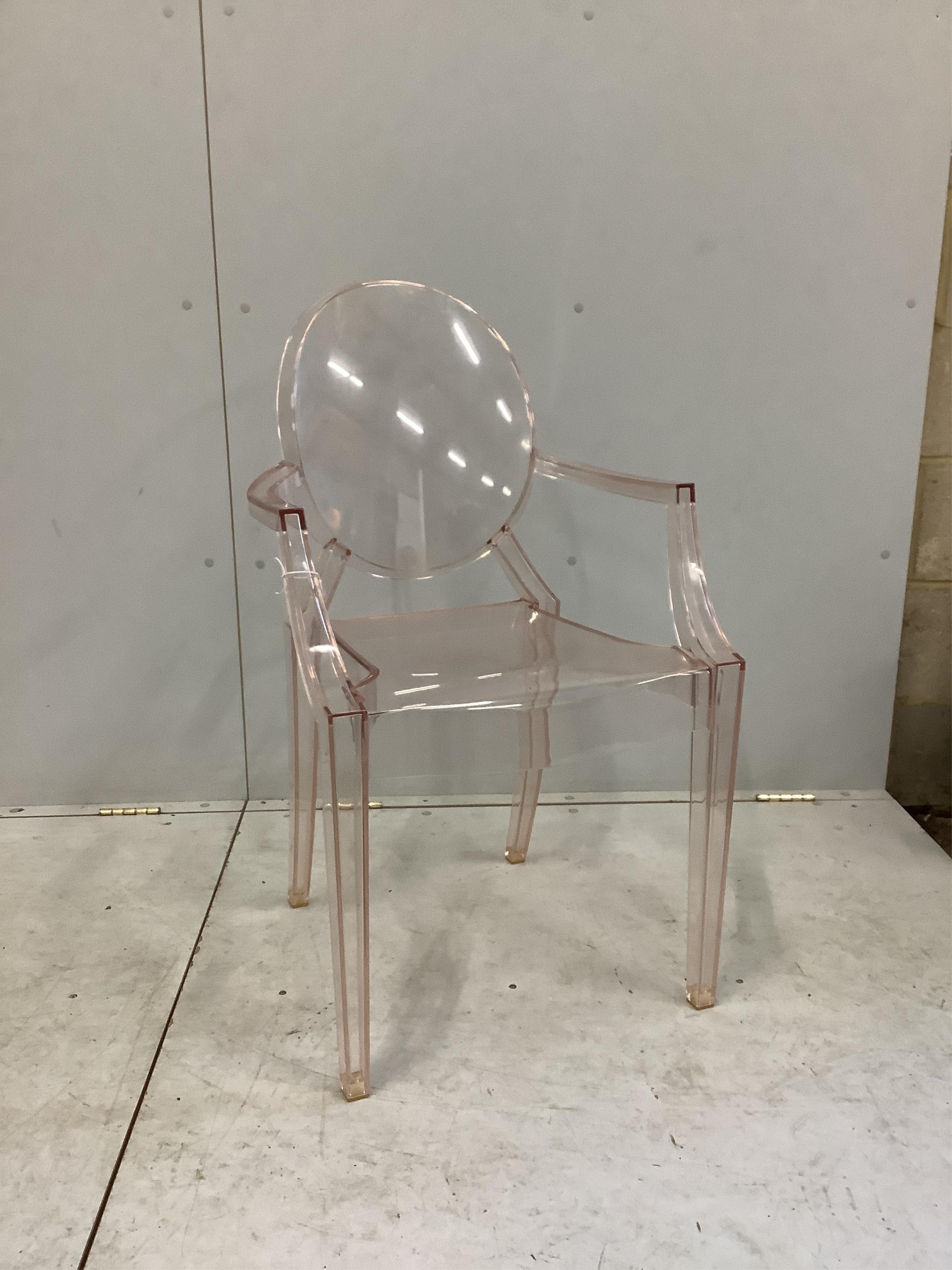 Philippe Starck pink-tinted transparent polycarbonate Louis Ghost chair, by Kartel, width 54cm, depth 42cm, height 92cm. Condition - fair